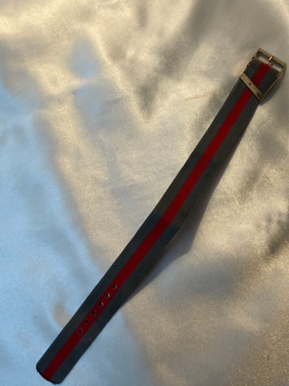 Vintage NATO Style Watch Band - Gray & Red Stripe - Gold Tone Buckle (CCC121)